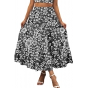 Chic Skirt Floral Patterned Elastic Waist Tiered Maxi Skirt for Women