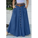 Popular Skirt Plain Button Closure Front Pocket A-Line Maxi Skirt for Women