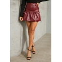 Freestyle Leather Skirt Solid Color Flared Mini Skirt for Women