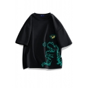 Cool Men Tee Shirt Cartoon Dinosaur Print Oversized Short Sleeves Crew Neck Tee Top