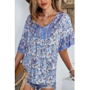 Ladies Urban Shirt Floral Print Button Design Short Sleeves V Neck Sashes Drawstring Shirt