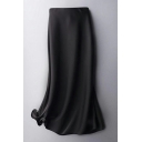 Elegant Ladies Skirts Solid Color High Rise Elastic Waist Midi A-Line Skirts