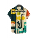 Edgy Mens Shirt Musical Instrument Print Spread Collar Short Sleeve Baggy Button Fly Shirt