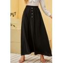 Casual Skirt Plain Elastic Waist Button Design A-Line Maxi Skirt for Women