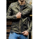 Men Trendy Leather Jacket Contrast Line Pattern Stand Collar Full Zip Leather Jacket