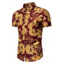 Modern Shirt Dragon Print Short Sleeves Turn-down Collar Slim Button-up Shirt for Men