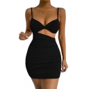 Fashionable Women's Dress Solid Color Pleated Spaghetti Straps Hollow Out Mini Dress