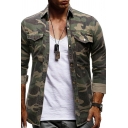 Guy's Edgy Jacket Camouflage Print Chest Pocket Turn-down Collar Slim Button Denim Jacket