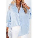 Women Popular Shirt Stripe Patterned Point Collar Button up Long Sleeves Shirt