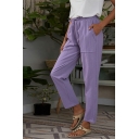 Women Elegant Pants Solid Color Elastic Waist Front Pocket Ankle Length Pants