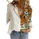 Retro Shirt Tiger Printturn-down Collar Long Sleeve Regular Button Fly Shirt for Ladies