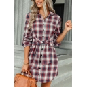 Vintage Dress Checked Print Long Sleeve Spread Collar Button Lace-up Shirt Dress for Women