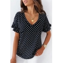 Casual T-Shirt Ladies Simple Short Sleeve V-Neck Polka Dot Black Top