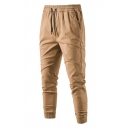 Casual Cargo Pants Men Slim Breathable Solid Color Drawcord Trousers