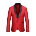 Trendy Men Blazer Contrast Color Pocket Long Sleeve Spread Collar Slim One Button Blazer