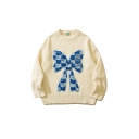 Casual Bow Pattern Sweater Men's Round Neck Long Sleeve Pullover Knitted Sweater