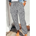 Women Creative Pants Leopard Pattern Elastic Waist Banded Cuffs Pants