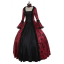 Cosplay Party Dress Court Long Sleeve Vintage Print Lace-Up Flare Maxi Dress