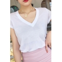 V-neck Plain Color T-shirt Women Summer Short-sleeved Slim Cotton T-shirt