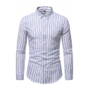 Fashion Men Shirt Stripe Pattern Long Sleeves Turn-down Collar Slim Fit Button Fly Shirt