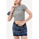 Simple Cropped T-Shirt Cable Knit Print Spread Collar Short-Sleeved T-Shirt for Women