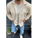 Boyish Jacket Solid Chest Pocket Spread Collar Button-up Corduroy Jacket for Guys