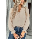 Women Simple Shirt Plain V-Neck Button Closure Flounce Long Sleeve Shirt