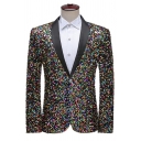 Men Street Style Blazer Sequins Patterned Lapel Collar Single Button Blazer