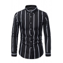 Stylish Guy's Shirt Stripe Printed Long-Sleeved Slim Fitted Button Front Curved Hem Shirt