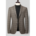 Chic Suit Checked Print Pocket Lapel Collar Long Sleeve Slim Two Buttons Blazer for Men