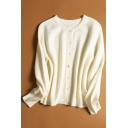 Vintage Women Cardian Whole Colored Long Sleeve Round Neck Ribbed Hem Button-up Cardian