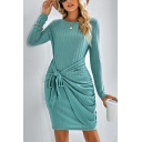 Simple Women Dress Whole Colored Long Sleeve Tie-up Crew Neck Midi Length Knit Dress