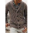 Mens Cool Cardigan Solid Cable Knit Shawl Collar Long Sleeves Relaxed Button-up Cardigan