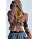 Dashing Women's Hoodie Pure Color Regular Long Sleeve Hooded Zipper Crop Hoodie