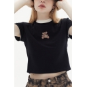 Chic Cropped T-Shirt Bear Patterned Round Neck Short Sleeves T-Shirt for Women