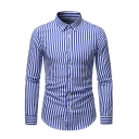 Fancy Men Shirt Striped Print Turn-down Long Sleeves Curve Hem Skinny Button-up Shirt