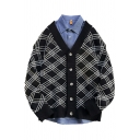 Mens Retro Cardigan Checked Pattern Rib Cuff Long-Sleeved Baggy V Neck Button Fly Cardigan