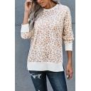 Women Fashionable Sweatshirt Leopard Print Split Crew Neck Regular Pullover Sweatshirt