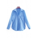 Girls Street Look Shirt Plain Chest Pocket Long Sleeve Spread Collar Button Fly Shirt