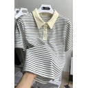 Striped Polo T-Shirt Women Korean Lapel Short Sleeve Loose Cotton T-Shirt