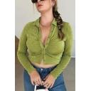 Edgy Women Shirt Solid Button down Spread Collar Long-sleeved Slimming Ruched Crop Shirt