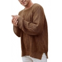 Boyish Sweater Solid Color Round Neck Side Slit Ribbed Trim Sweater for Men