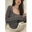 Long-sleeved Women's Bottoming Tee Casual U-neck Slim Fit Irregular T-shirt