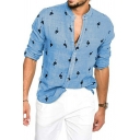 Boy's Basic Shirt Crane Print Round Collar Long-sleeved Regular Fitted Button-up Shirt