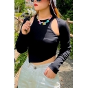 Black Sexy Tees Set Head Long-sleeved Hollow Belly button revealing Tops T-shirt
