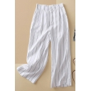 Women Dashing Pants Stripe Pattern Loose Pocket Mid Rise Ankle Length Button Fly Pants
