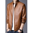 Guy's Chic Jacket Solid Color Stand Collar Regular Zipper Zip Placket Leather Jacket