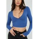 Simple Women Tee Top Whole Colored V-neck Long Sleeve Cropped Tee Shirt