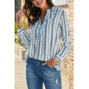 Modern Shirt Striped Print V-neck Long Sleeves Button Closure Shirt for Girls