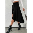 Cool Ladies Skirt Pure Color Belt Midi Button down High Waist Regular A-Line Skirt